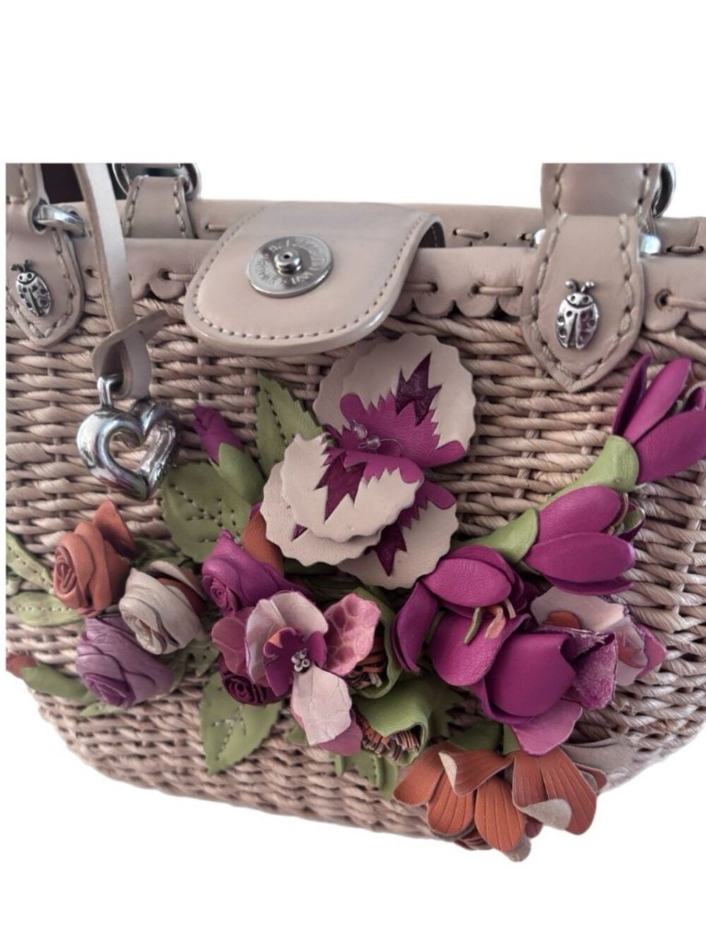 BRIGHTON Raffia With Leather Rose Flower Bouquet Ladybug Small Straw Tote Bag